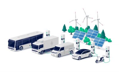 Company electric cars fleet charging on parking lot with fast charger station and many charger stalls. Bus, truck, van, motorcycle, business vehicles on renewable solar wind energy in network grid.