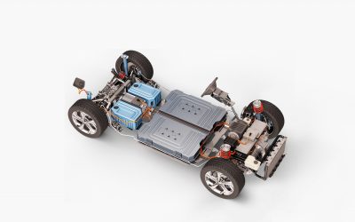 Electric car under carriage chassis. All main details of EV system, on white background.